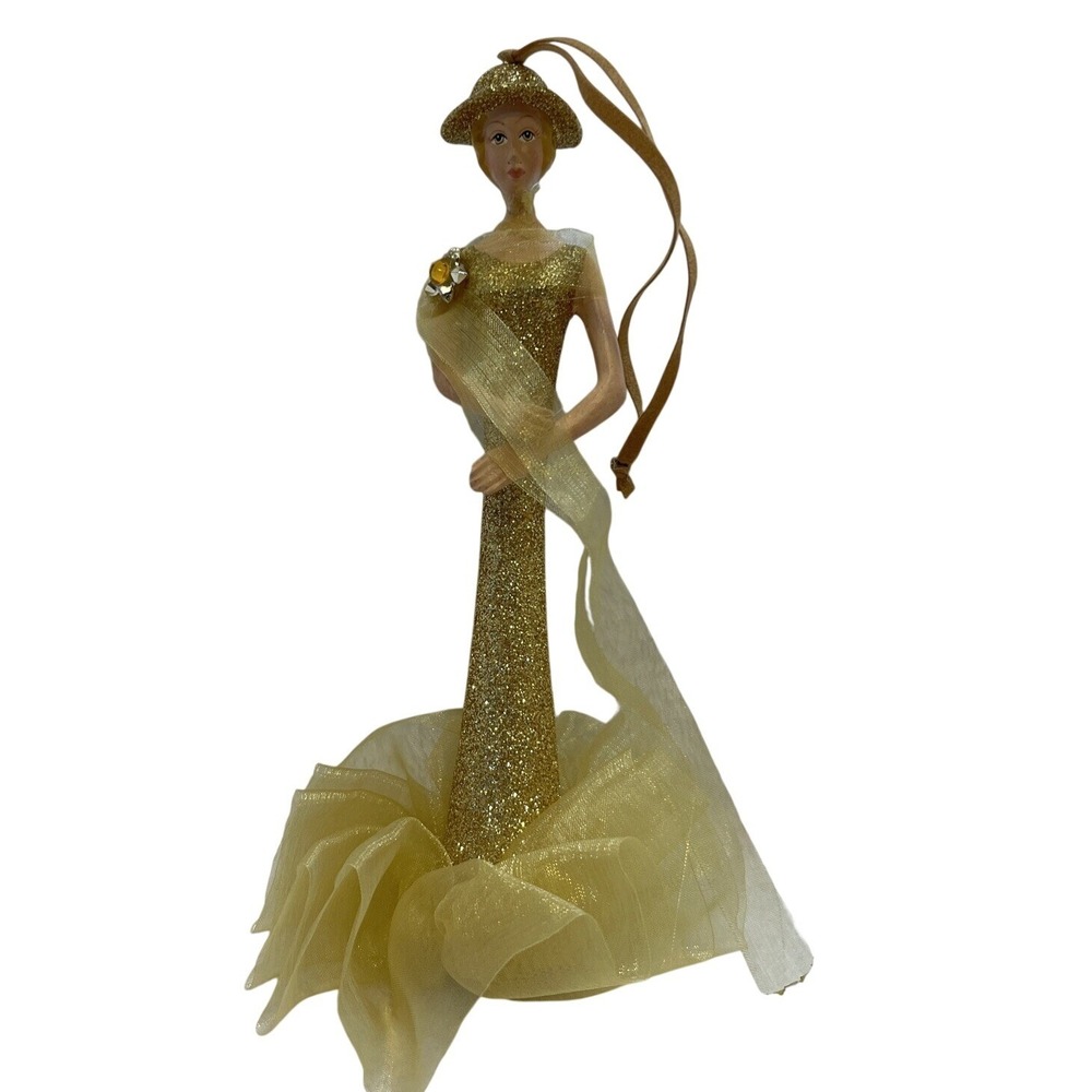 Gold Glitter Dress Figurine Woman Ornament Hat Elegant Sparkle Holiday Decor